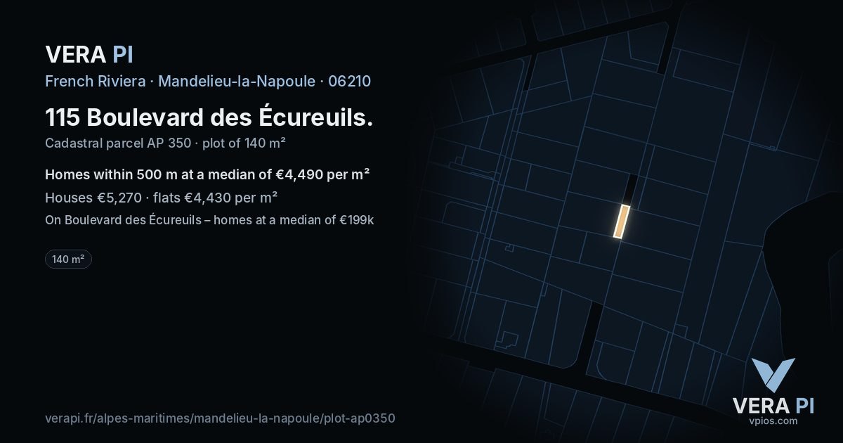 115 Boulevard des Écureuils, Mandelieu-la-Napoule at night – the plot lit, the parcels around coloured by the prices near them