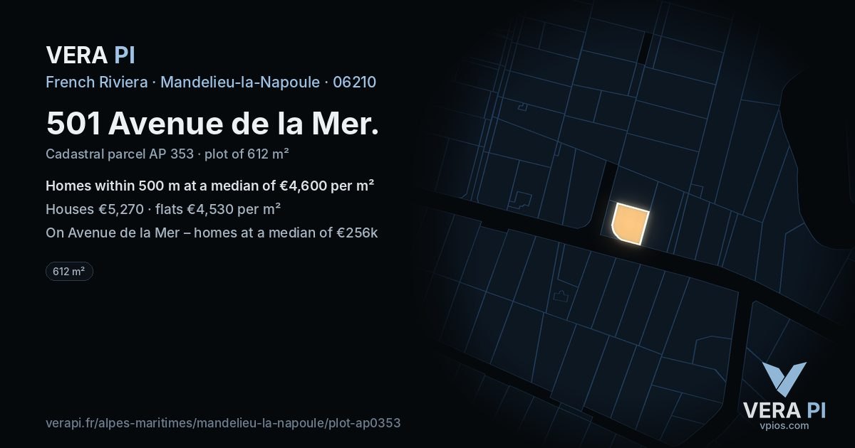 501 Avenue de la Mer, Mandelieu-la-Napoule at night – the plot lit, the parcels around coloured by the prices near them