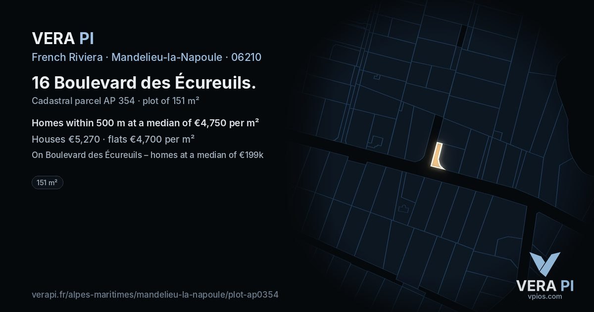 16 Boulevard des Écureuils, Mandelieu-la-Napoule at night – the plot lit, the parcels around coloured by the prices near them