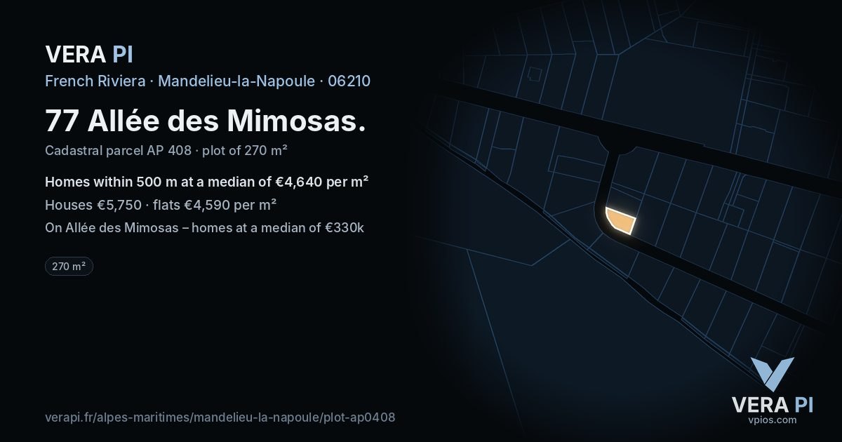 77 Allée des Mimosas, Mandelieu-la-Napoule at night – the plot lit, the parcels around coloured by the prices near them