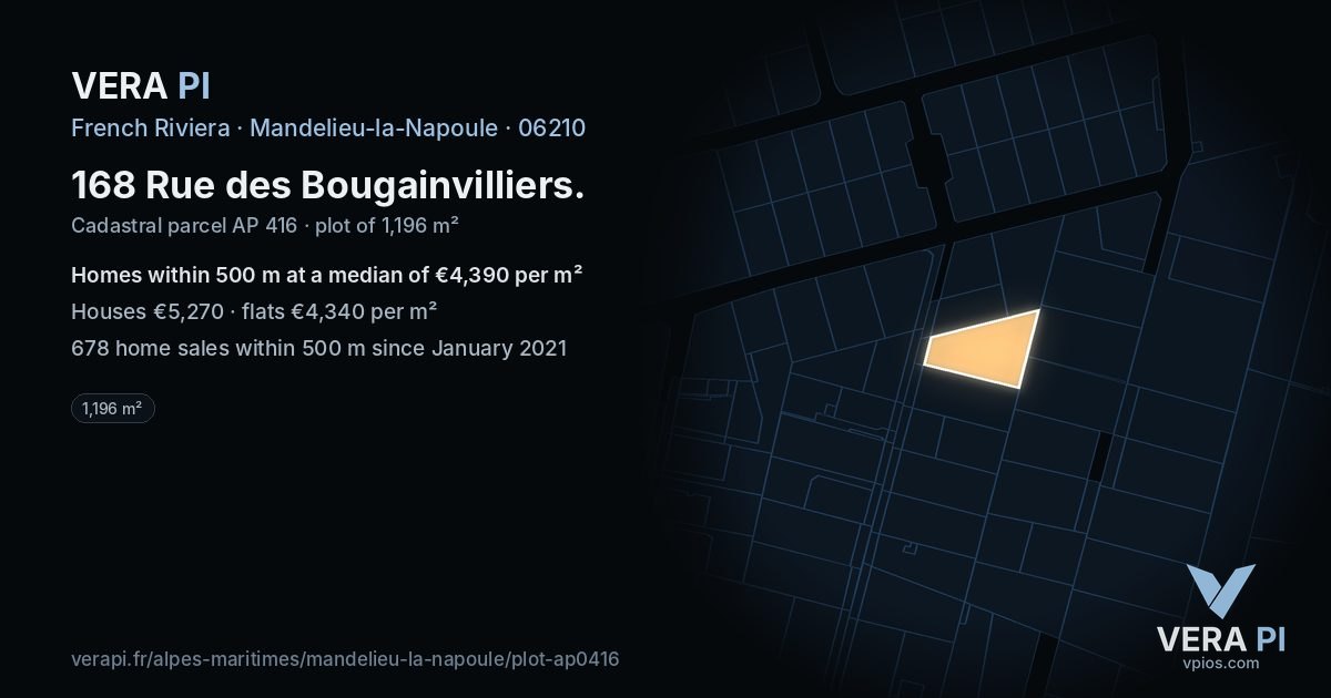 168 Rue des Bougainvilliers, Mandelieu-la-Napoule at night – the plot lit, the parcels around coloured by the prices near them