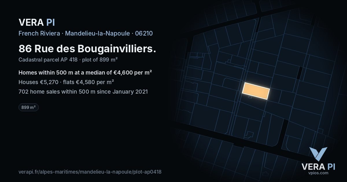 86 Rue des Bougainvilliers, Mandelieu-la-Napoule at night – the plot lit, the parcels around coloured by the prices near them