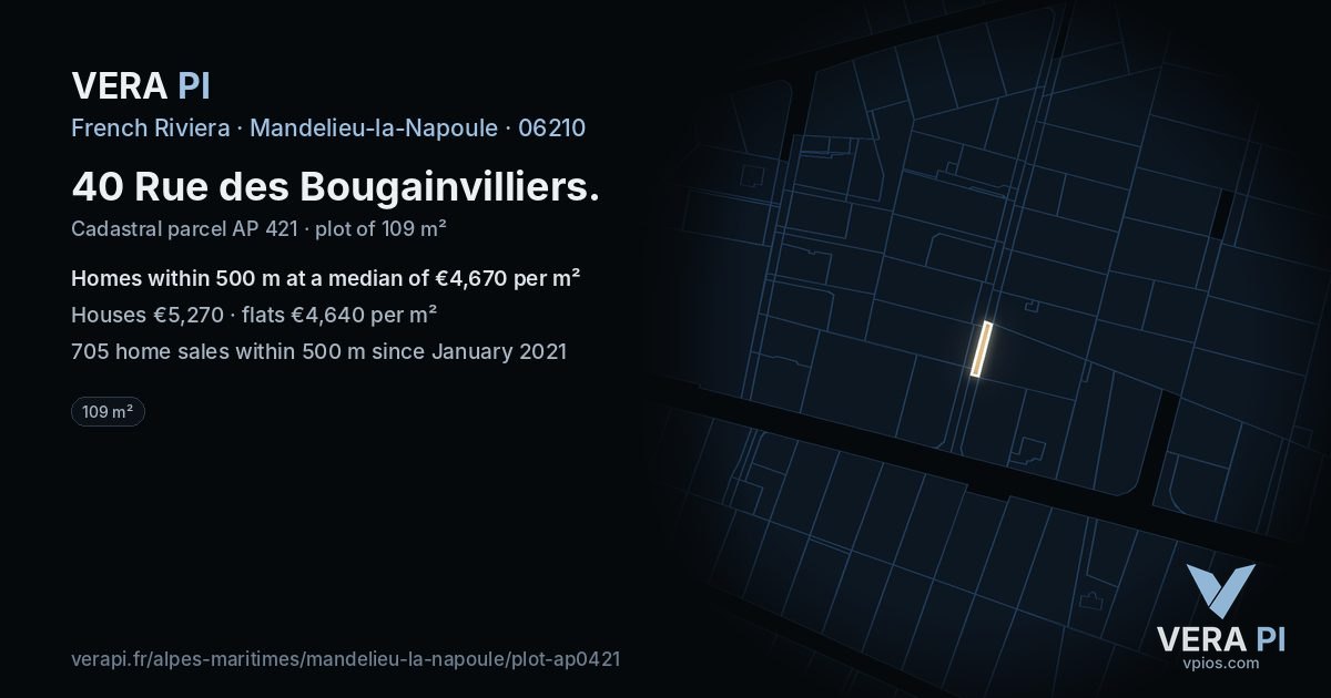 40 Rue des Bougainvilliers, Mandelieu-la-Napoule at night – the plot lit, the parcels around coloured by the prices near them