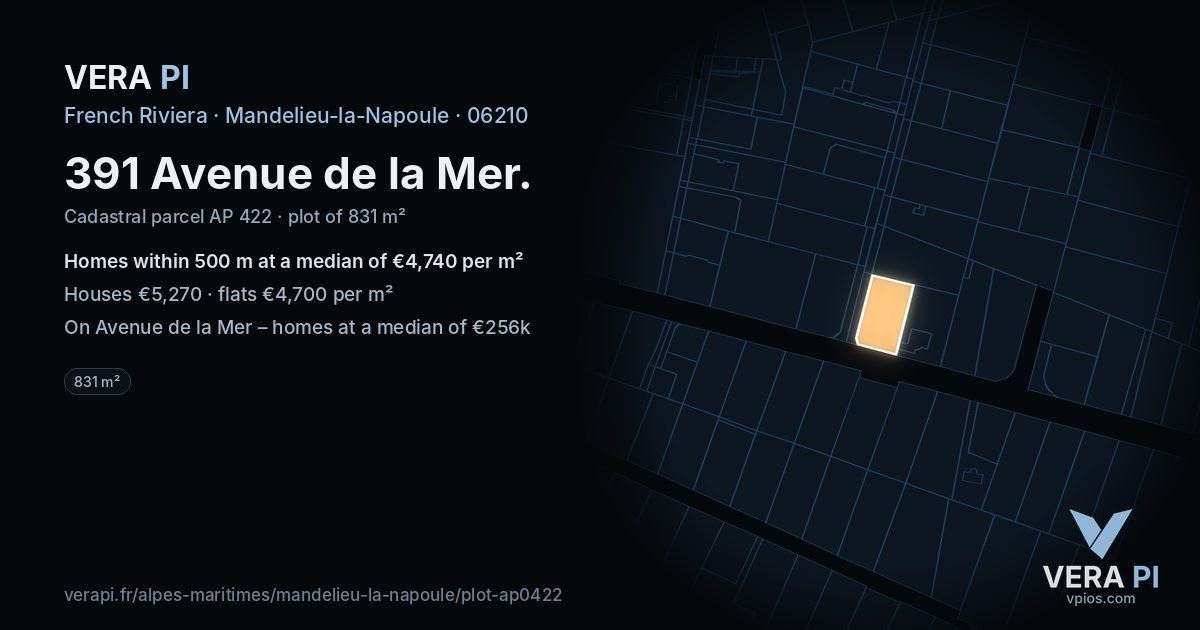391 Avenue de la Mer, Mandelieu-la-Napoule at night – the plot lit, the parcels around coloured by the prices near them