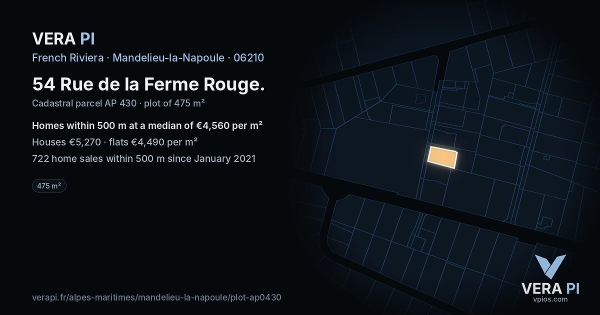 54 Rue de la Ferme Rouge, Mandelieu-la-Napoule at night – the plot lit, the parcels around coloured by the prices near them