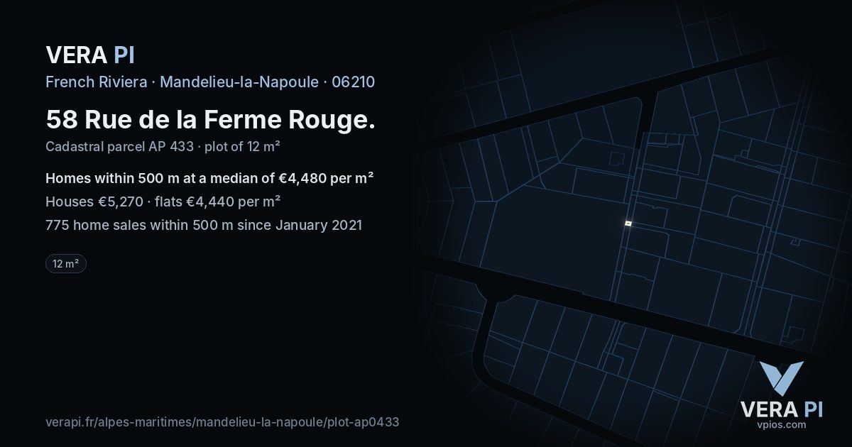 58 Rue de la Ferme Rouge, Mandelieu-la-Napoule at night – the plot lit, the parcels around coloured by the prices near them