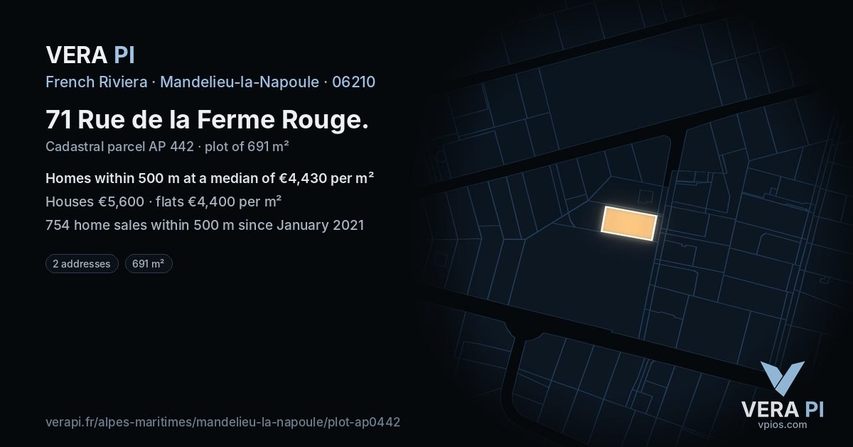71 Rue de la Ferme Rouge, Mandelieu-la-Napoule at night – the plot lit, the parcels around coloured by the prices near them