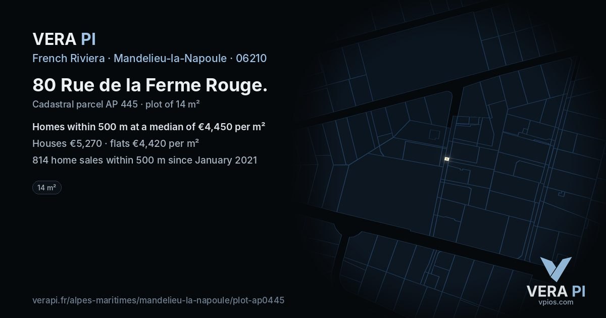 80 Rue de la Ferme Rouge, Mandelieu-la-Napoule at night – the plot lit, the parcels around coloured by the prices near them