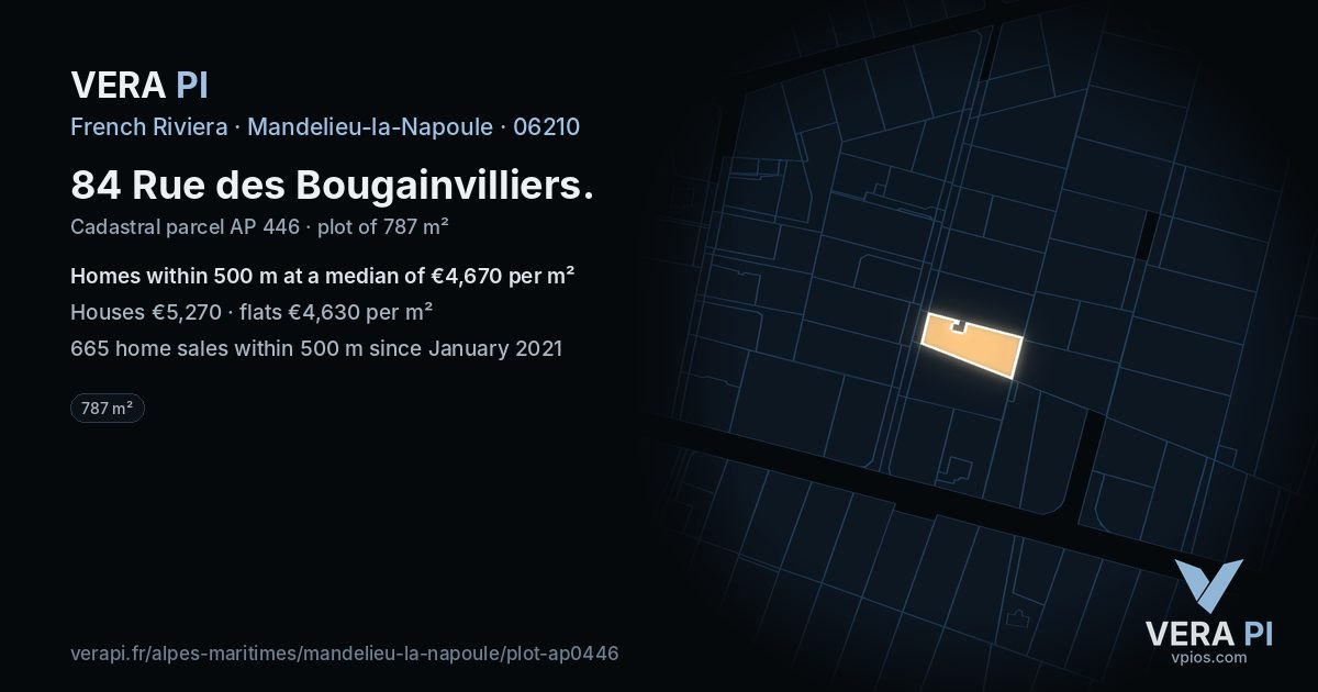 84 Rue des Bougainvilliers, Mandelieu-la-Napoule at night – the plot lit, the parcels around coloured by the prices near them