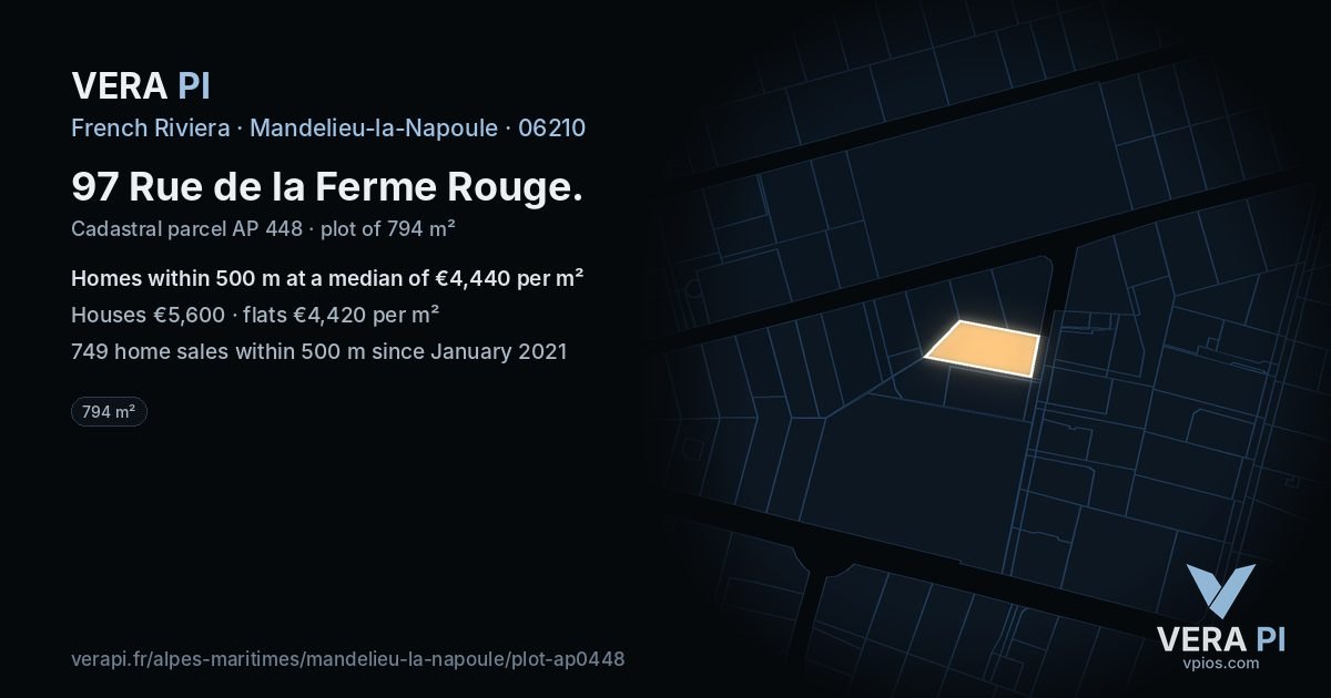 97 Rue de la Ferme Rouge, Mandelieu-la-Napoule at night – the plot lit, the parcels around coloured by the prices near them