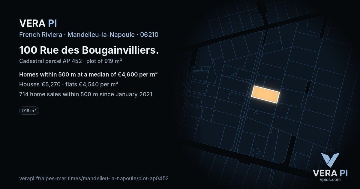 100 Rue des Bougainvilliers, Mandelieu-la-Napoule at night – the plot lit, the parcels around coloured by the prices near them