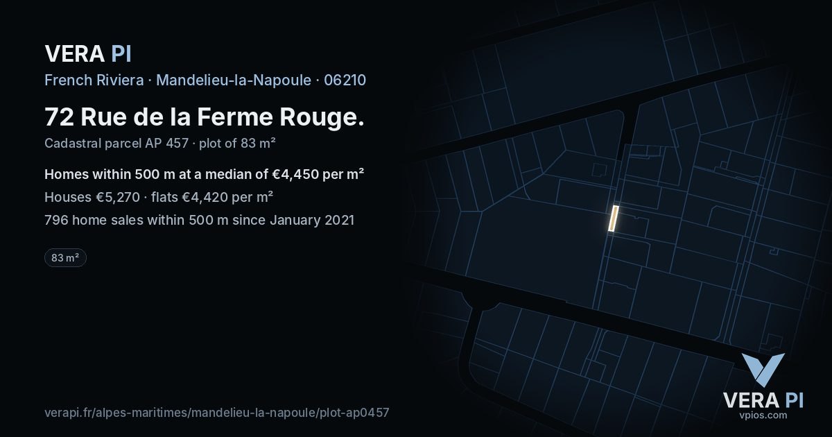 72 Rue de la Ferme Rouge, Mandelieu-la-Napoule at night – the plot lit, the parcels around coloured by the prices near them