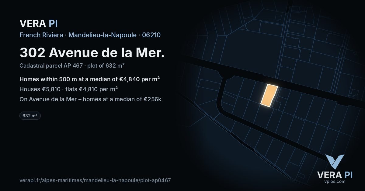 302 Avenue de la Mer, Mandelieu-la-Napoule at night – the plot lit, the parcels around coloured by the prices near them