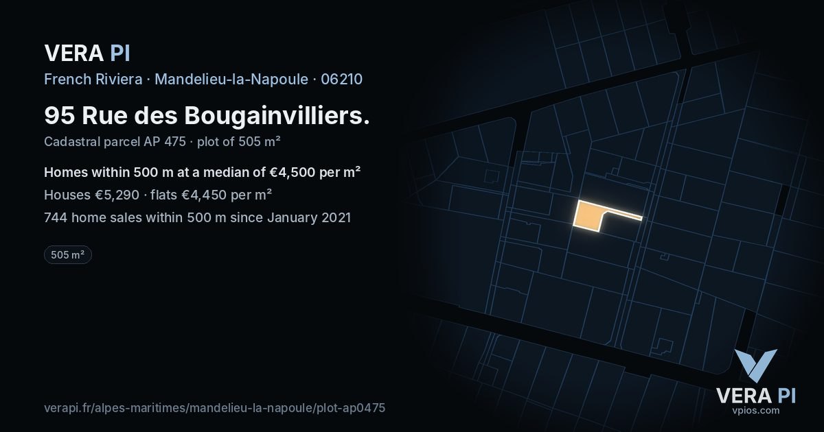 95 Rue des Bougainvilliers, Mandelieu-la-Napoule at night – the plot lit, the parcels around coloured by the prices near them