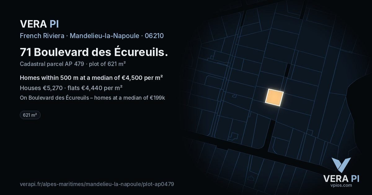 71 Boulevard des Écureuils, Mandelieu-la-Napoule at night – the plot lit, the parcels around coloured by the prices near them