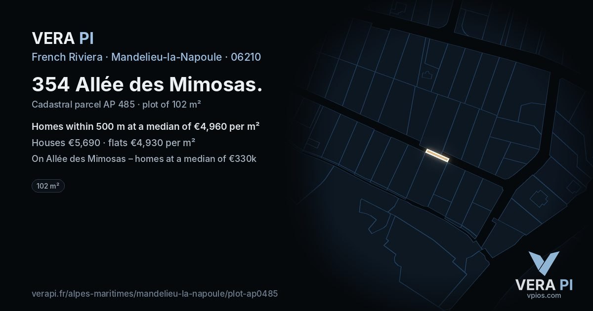 354 Allée des Mimosas, Mandelieu-la-Napoule at night – the plot lit, the parcels around coloured by the prices near them