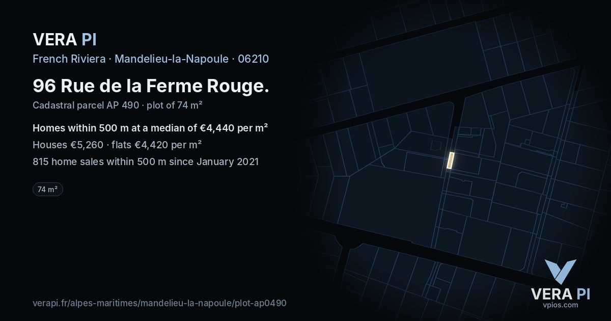 96 Rue de la Ferme Rouge, Mandelieu-la-Napoule at night – the plot lit, the parcels around coloured by the prices near them