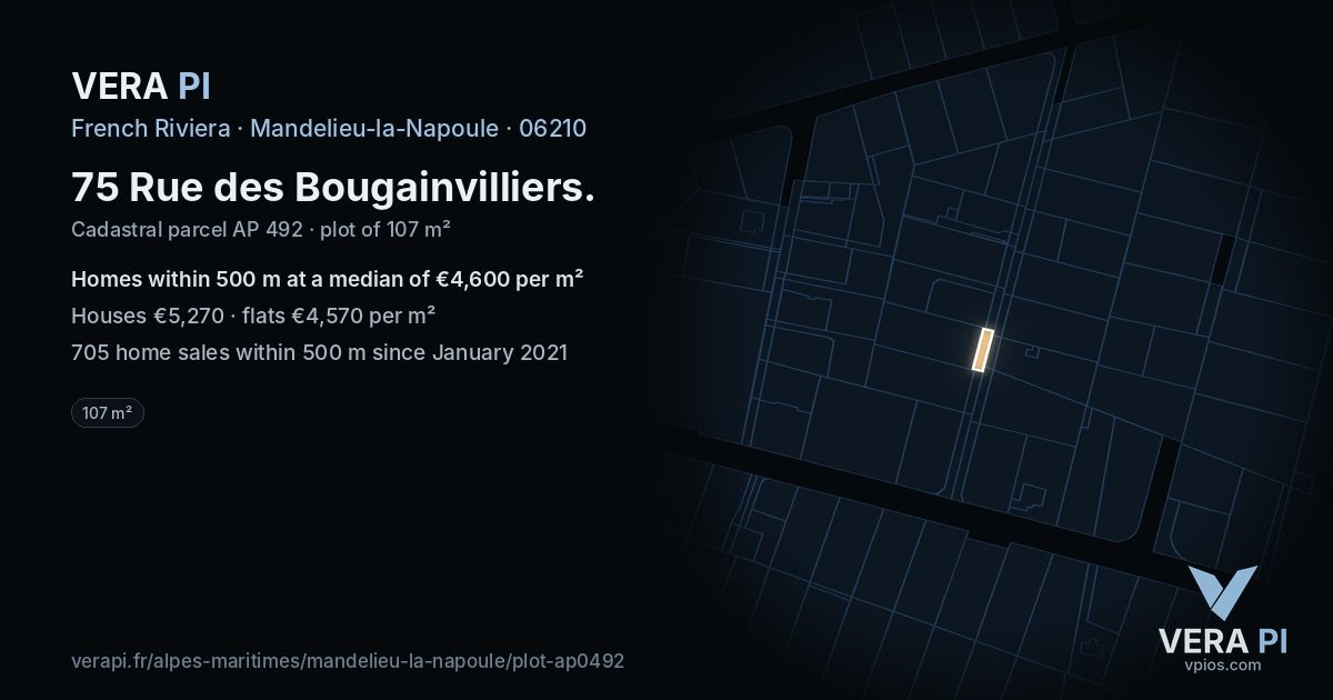 75 Rue des Bougainvilliers, Mandelieu-la-Napoule at night – the plot lit, the parcels around coloured by the prices near them
