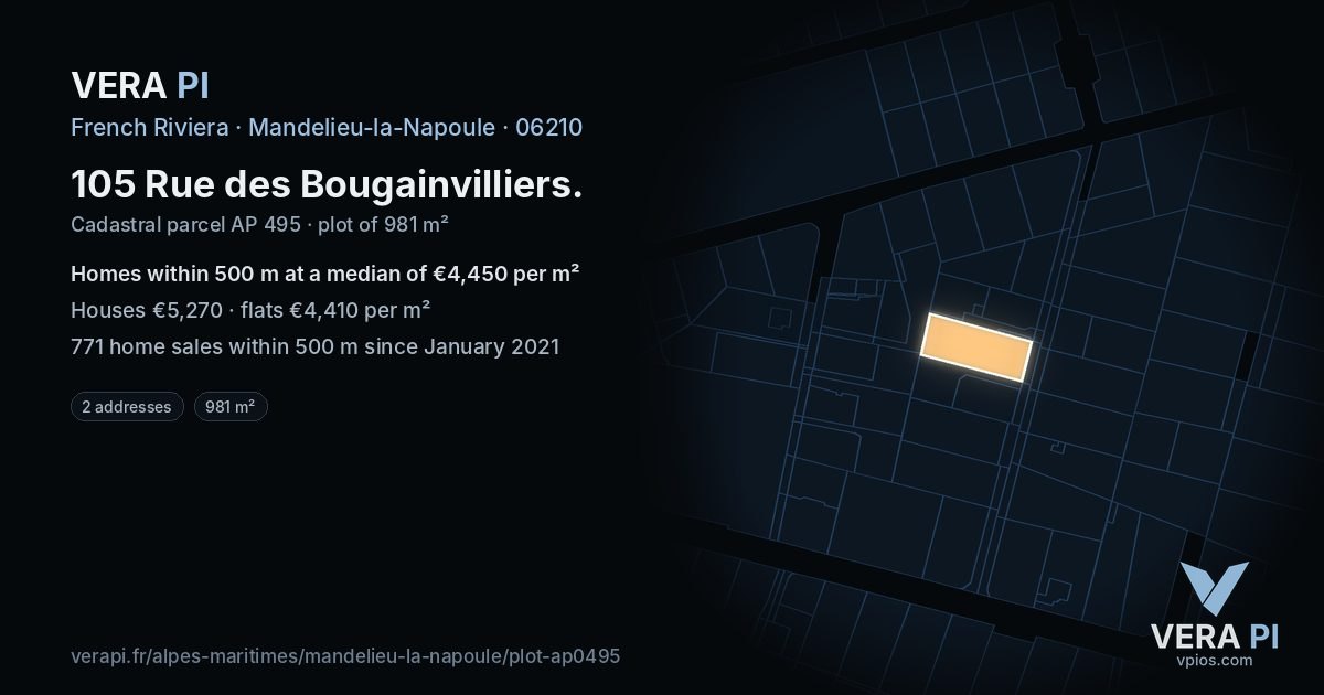 105 Rue des Bougainvilliers, Mandelieu-la-Napoule at night – the plot lit, the parcels around coloured by the prices near them