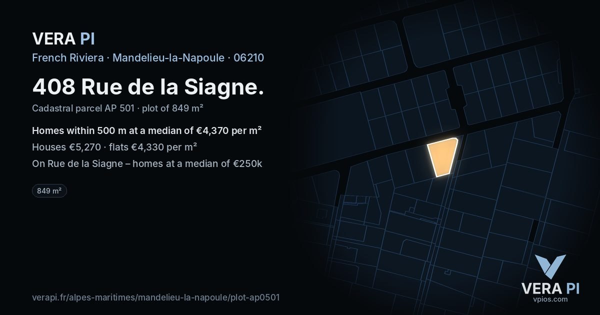 408 Rue de la Siagne, Mandelieu-la-Napoule at night – the plot lit, the parcels around coloured by the prices near them