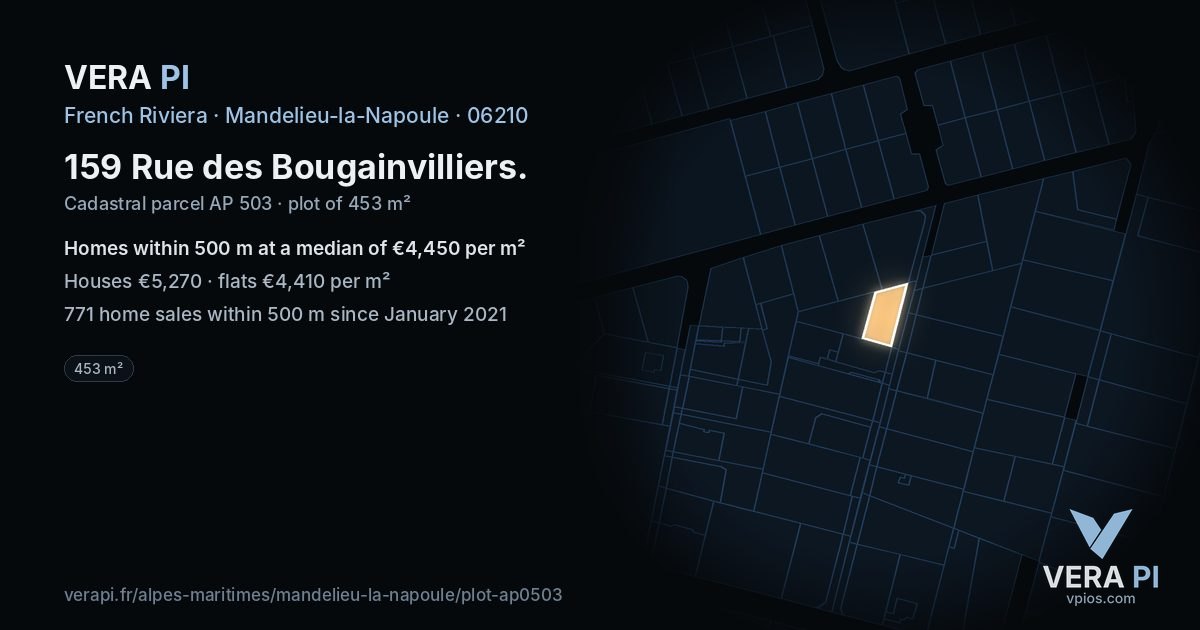 159 Rue des Bougainvilliers, Mandelieu-la-Napoule at night – the plot lit, the parcels around coloured by the prices near them