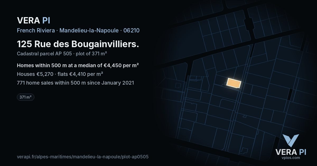 125 Rue des Bougainvilliers, Mandelieu-la-Napoule at night – the plot lit, the parcels around coloured by the prices near them