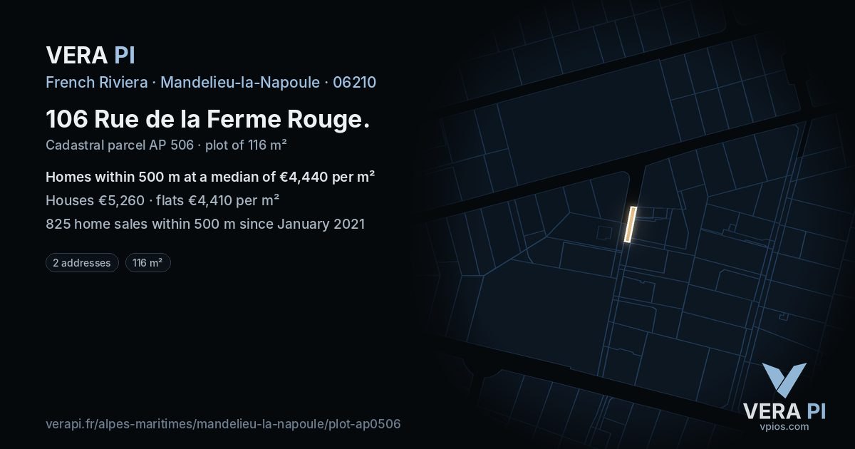106 Rue de la Ferme Rouge, Mandelieu-la-Napoule at night – the plot lit, the parcels around coloured by the prices near them
