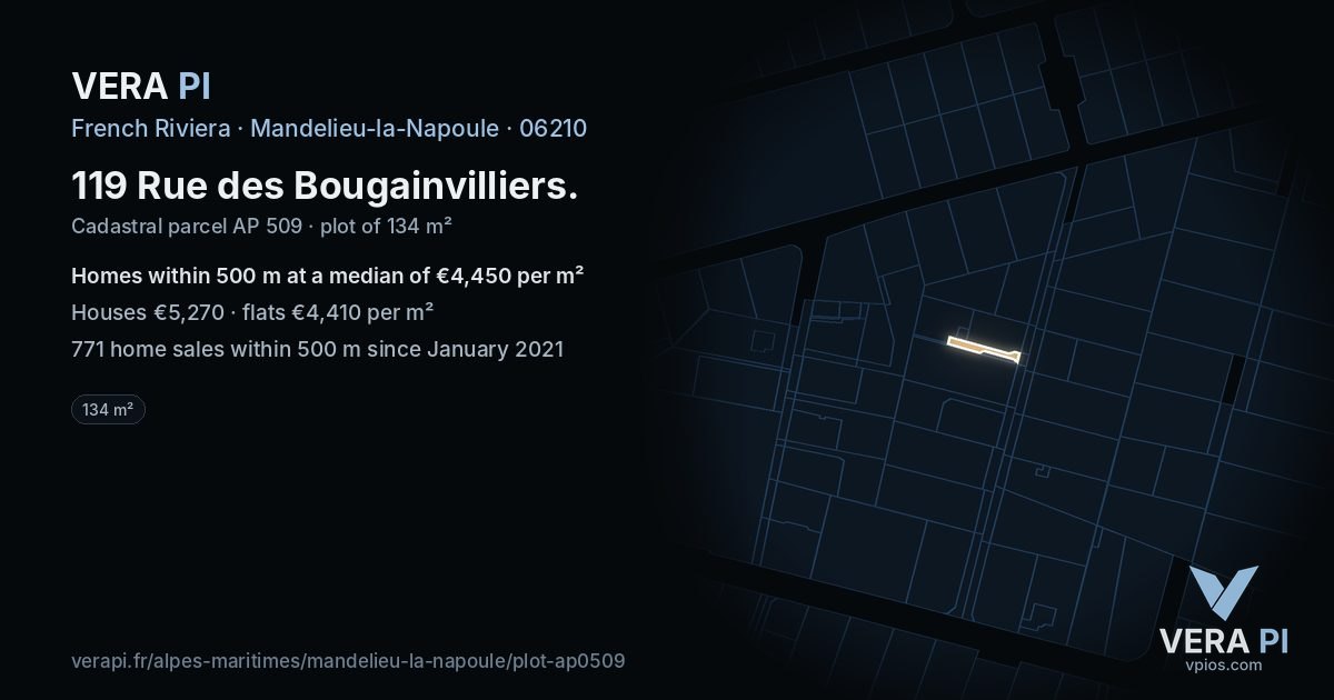 119 Rue des Bougainvilliers, Mandelieu-la-Napoule at night – the plot lit, the parcels around coloured by the prices near them