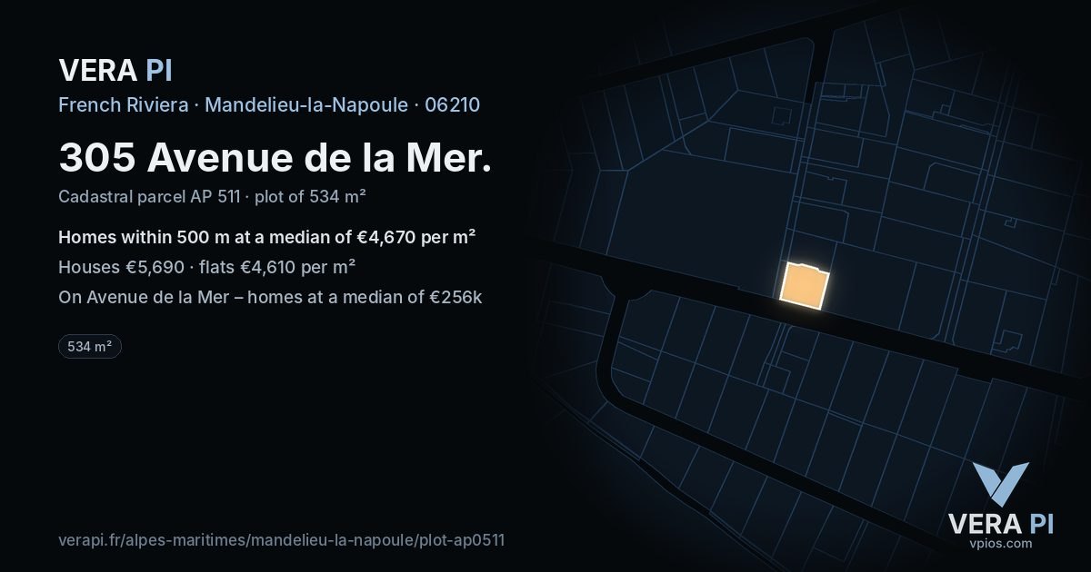 305 Avenue de la Mer, Mandelieu-la-Napoule at night – the plot lit, the parcels around coloured by the prices near them