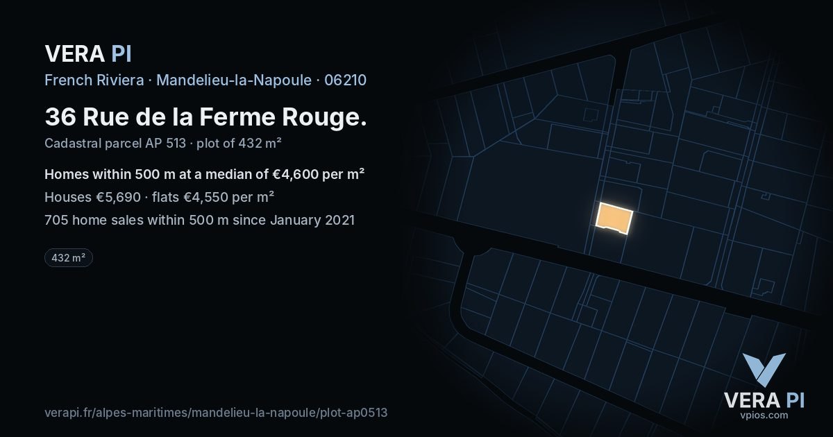 36 Rue de la Ferme Rouge, Mandelieu-la-Napoule at night – the plot lit, the parcels around coloured by the prices near them
