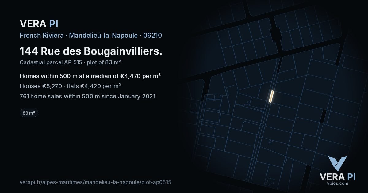144 Rue des Bougainvilliers, Mandelieu-la-Napoule at night – the plot lit, the parcels around coloured by the prices near them