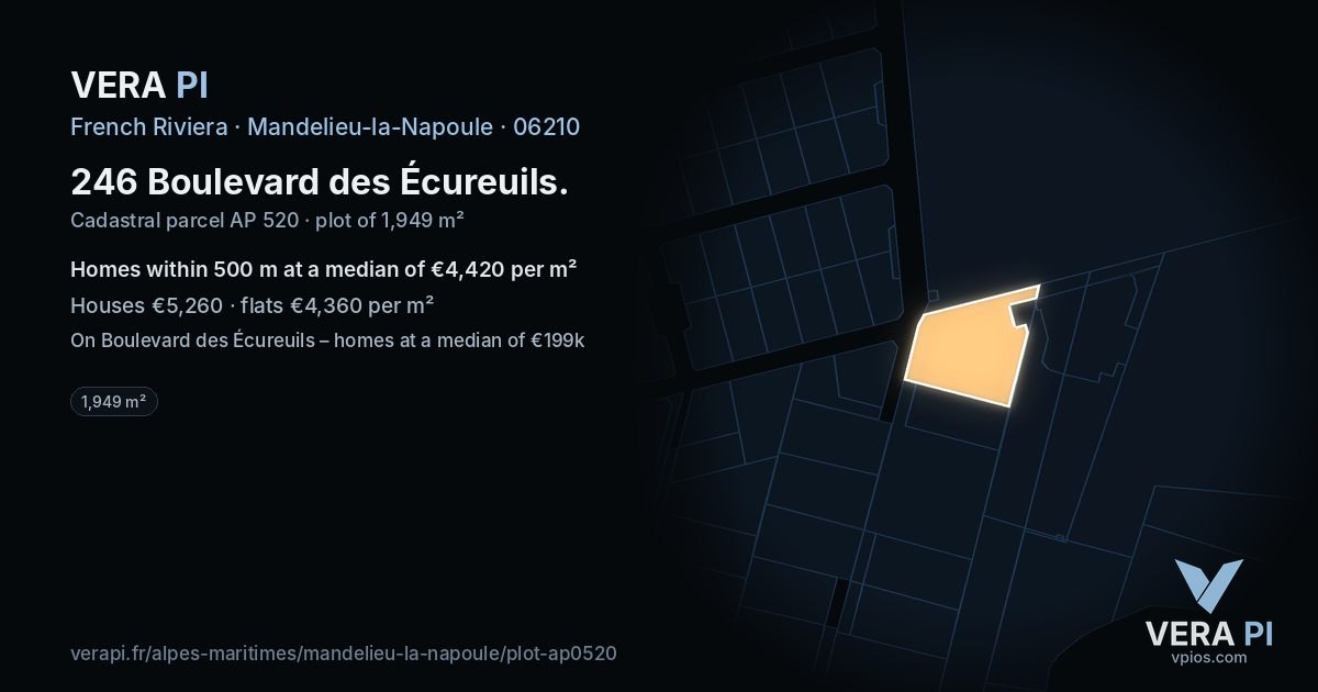 246 Boulevard des Écureuils, Mandelieu-la-Napoule at night – the plot lit, the parcels around coloured by the prices near them