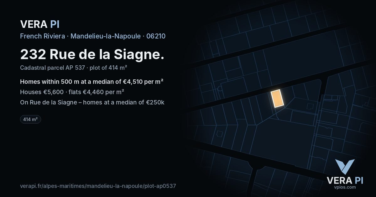 232 Rue de la Siagne, Mandelieu-la-Napoule at night – the plot lit, the parcels around coloured by the prices near them