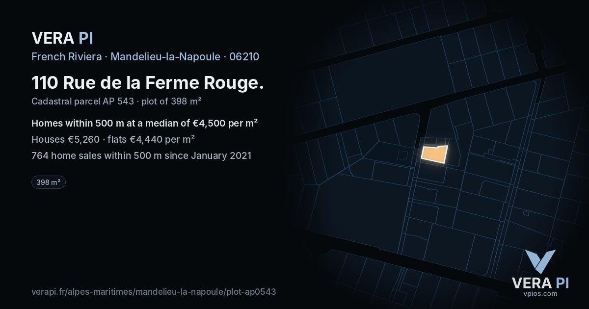 110 Rue de la Ferme Rouge, Mandelieu-la-Napoule at night – the plot lit, the parcels around coloured by the prices near them