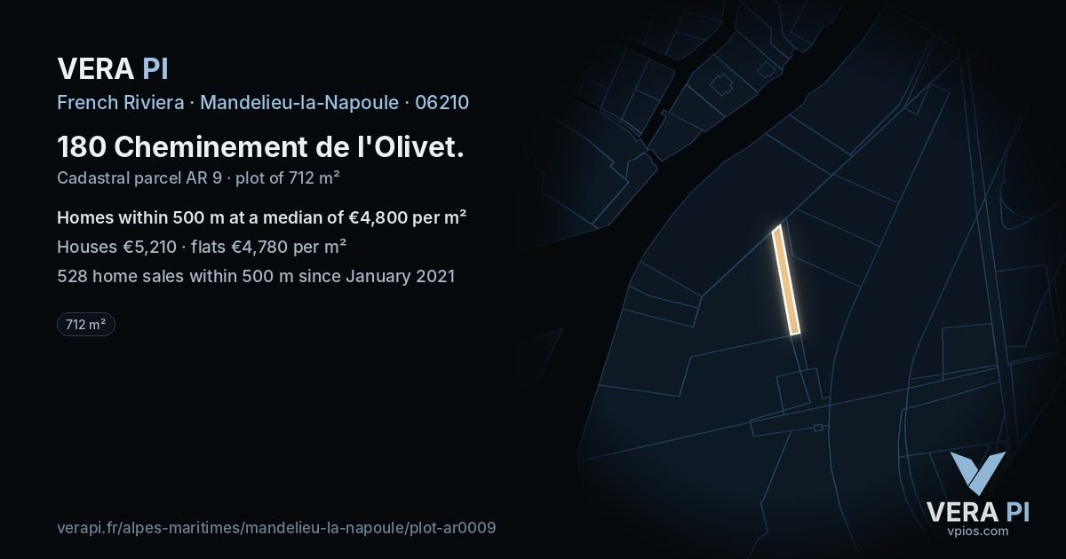 180 Cheminement de l'Olivet, Mandelieu-la-Napoule at night – the plot lit, the parcels around coloured by the prices near them