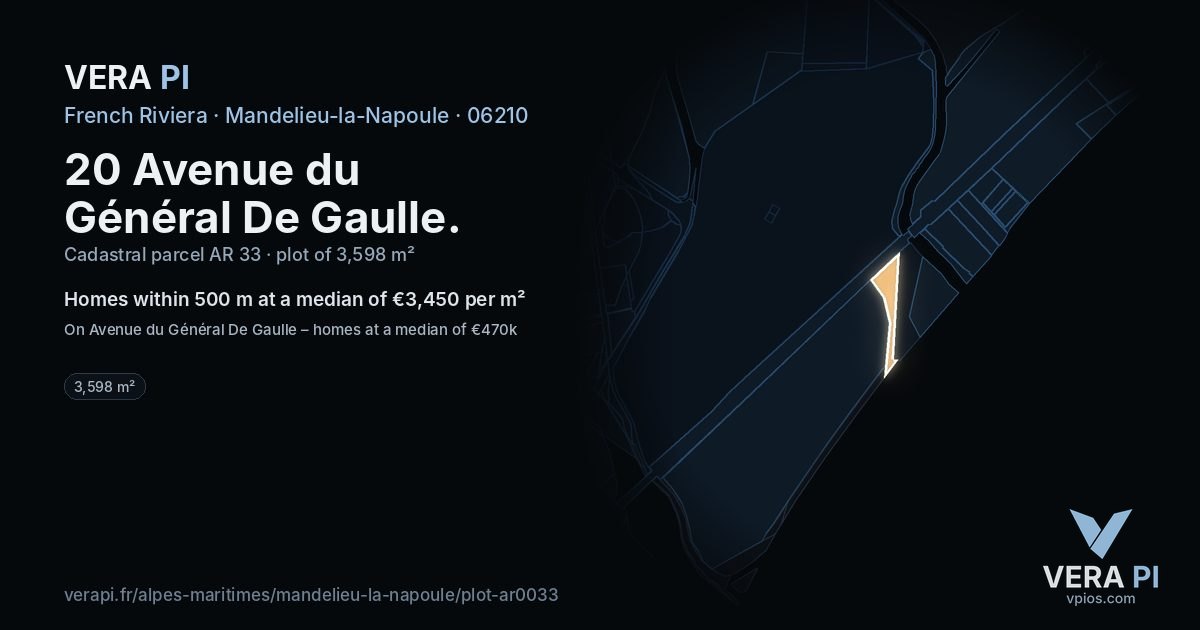 20 Avenue du Général De Gaulle, Mandelieu-la-Napoule at night – the plot lit, the parcels around coloured by the prices near them