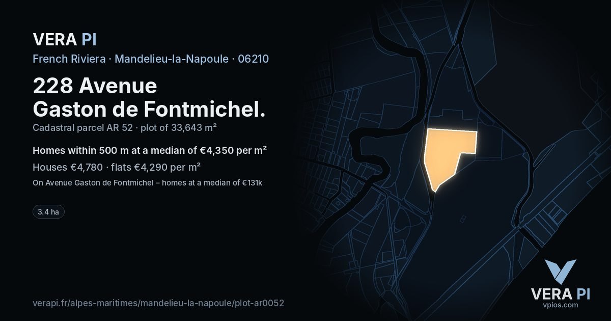 228 Avenue Gaston de Fontmichel, Mandelieu-la-Napoule at night – the plot lit, the parcels around coloured by the prices near them