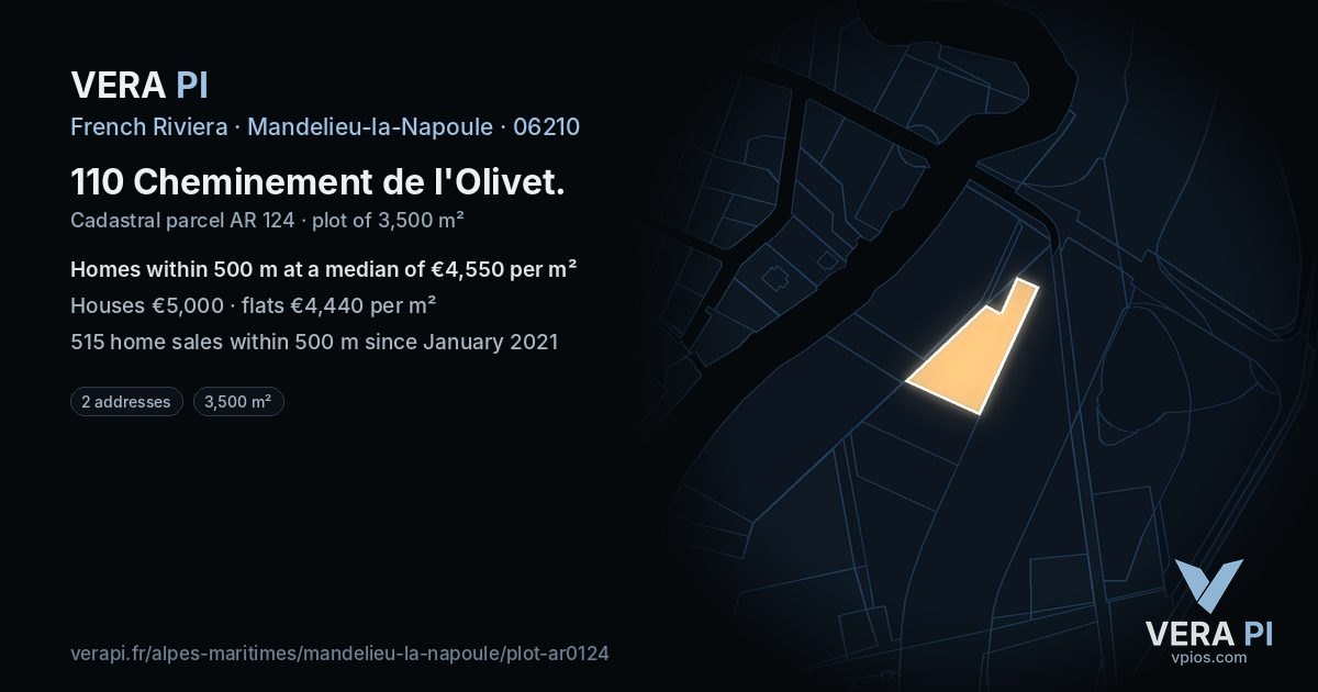 110 Cheminement de l'Olivet, Mandelieu-la-Napoule at night – the plot lit, the parcels around coloured by the prices near them