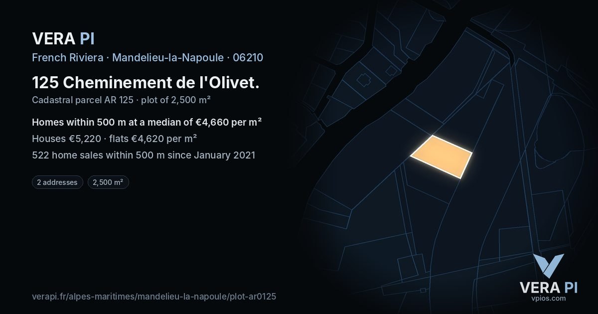 125 Cheminement de l'Olivet, Mandelieu-la-Napoule at night – the plot lit, the parcels around coloured by the prices near them