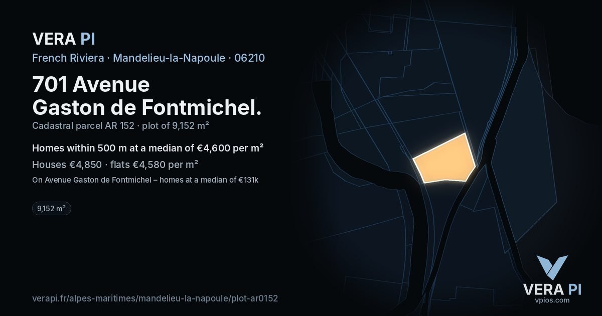 701 Avenue Gaston de Fontmichel, Mandelieu-la-Napoule at night – the plot lit, the parcels around coloured by the prices near them