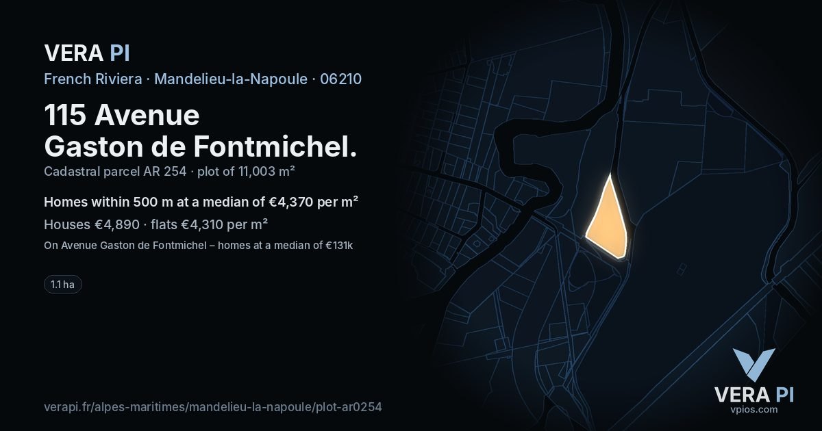 115 Avenue Gaston de Fontmichel, Mandelieu-la-Napoule at night – the plot lit, the parcels around coloured by the prices near them