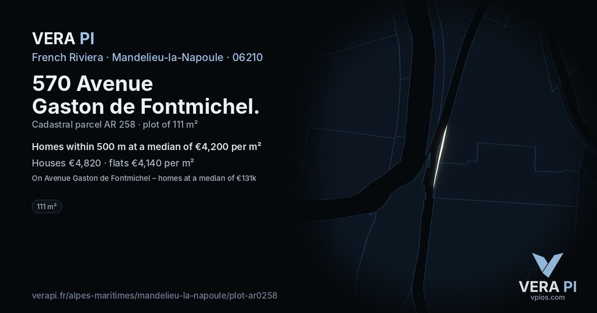 570 Avenue Gaston de Fontmichel, Mandelieu-la-Napoule at night – the plot lit, the parcels around coloured by the prices near them