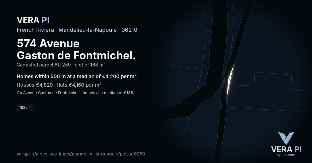 574 Avenue Gaston de Fontmichel, Mandelieu-la-Napoule at night – the plot lit, the parcels around coloured by the prices near them