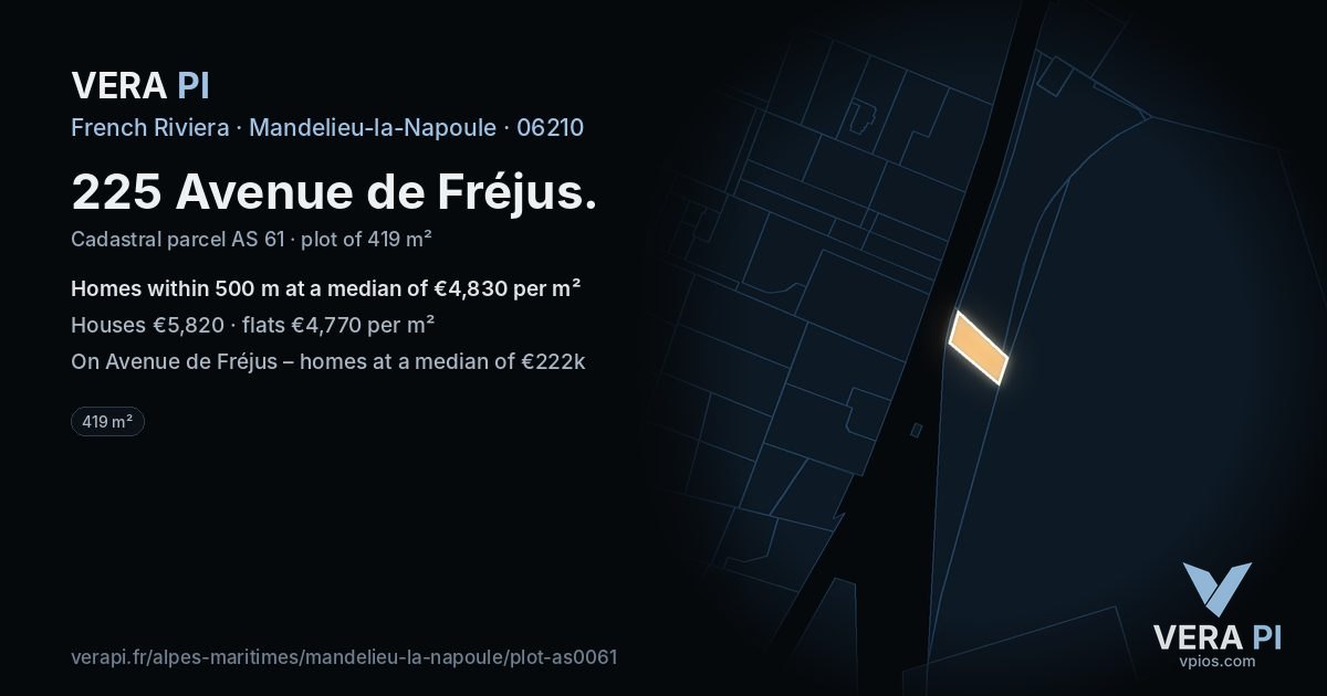 225 Avenue de Fréjus, Mandelieu-la-Napoule at night – the plot lit, the parcels around coloured by the prices near them