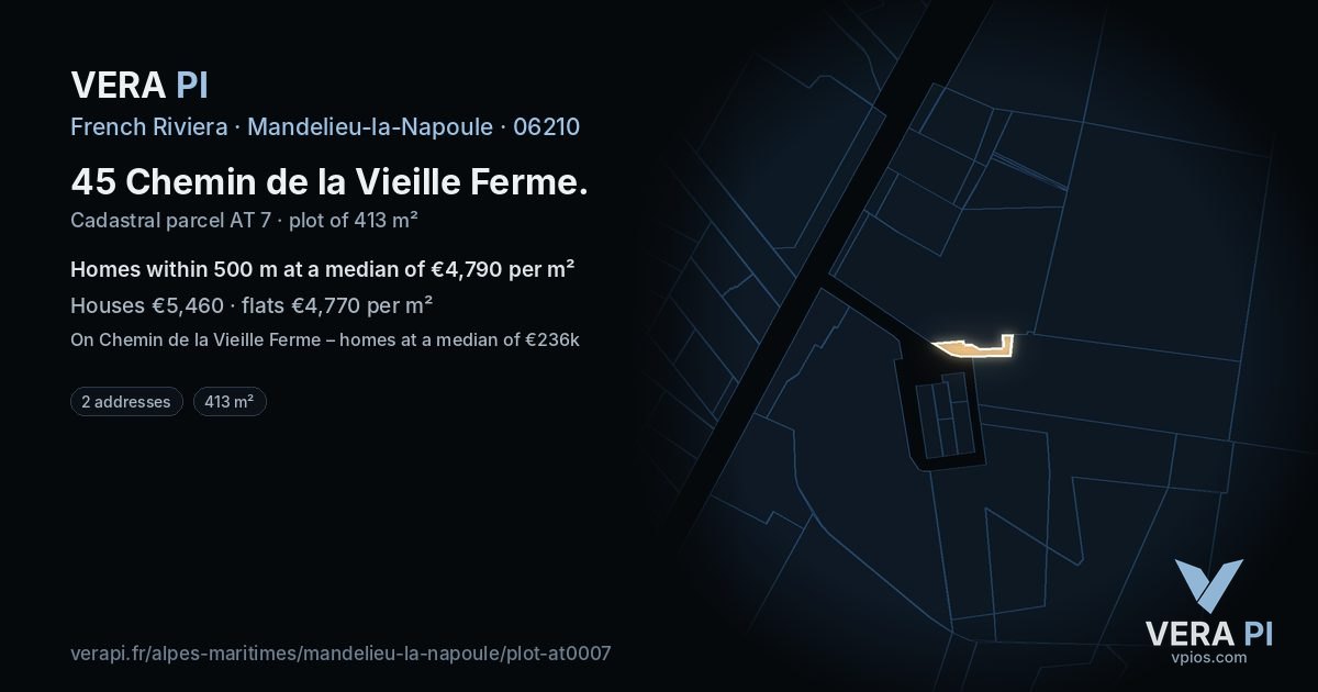 45 Chemin de la Vieille Ferme, Mandelieu-la-Napoule at night – the plot lit, the parcels around coloured by the prices near them