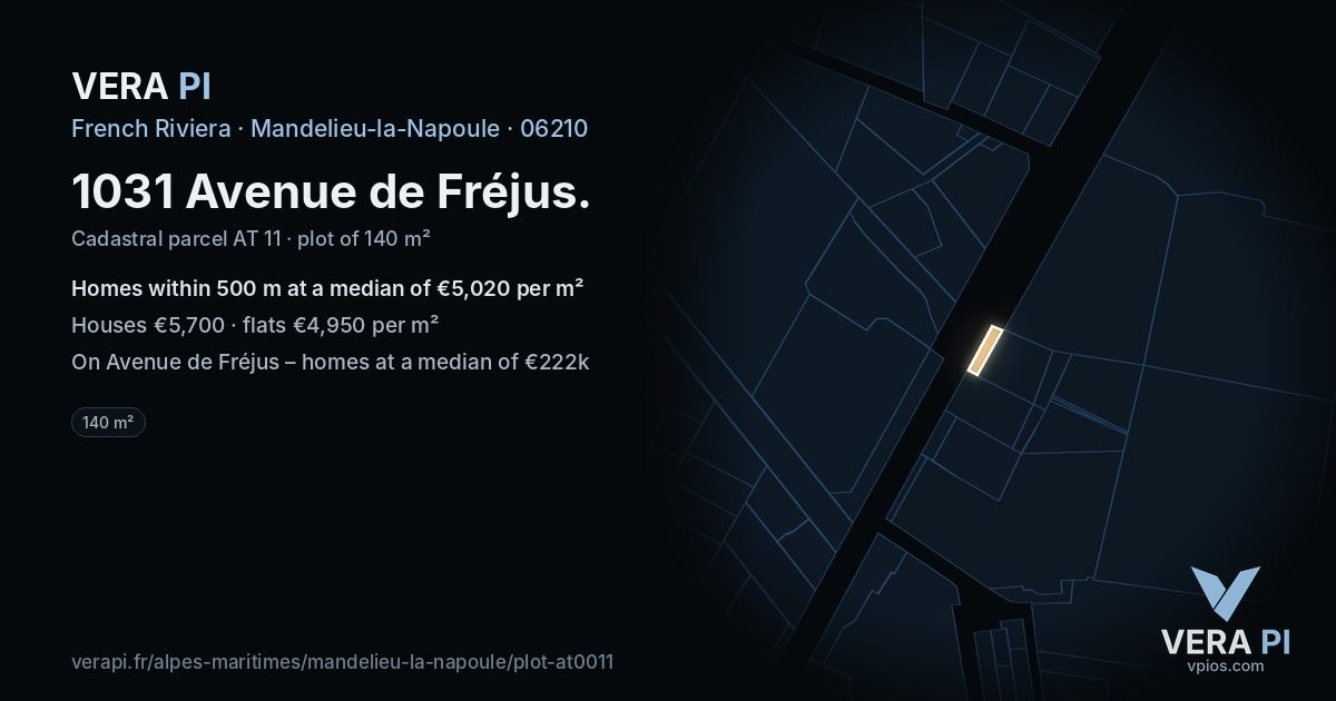 1031 Avenue de Fréjus, Mandelieu-la-Napoule at night – the plot lit, the parcels around coloured by the prices near them