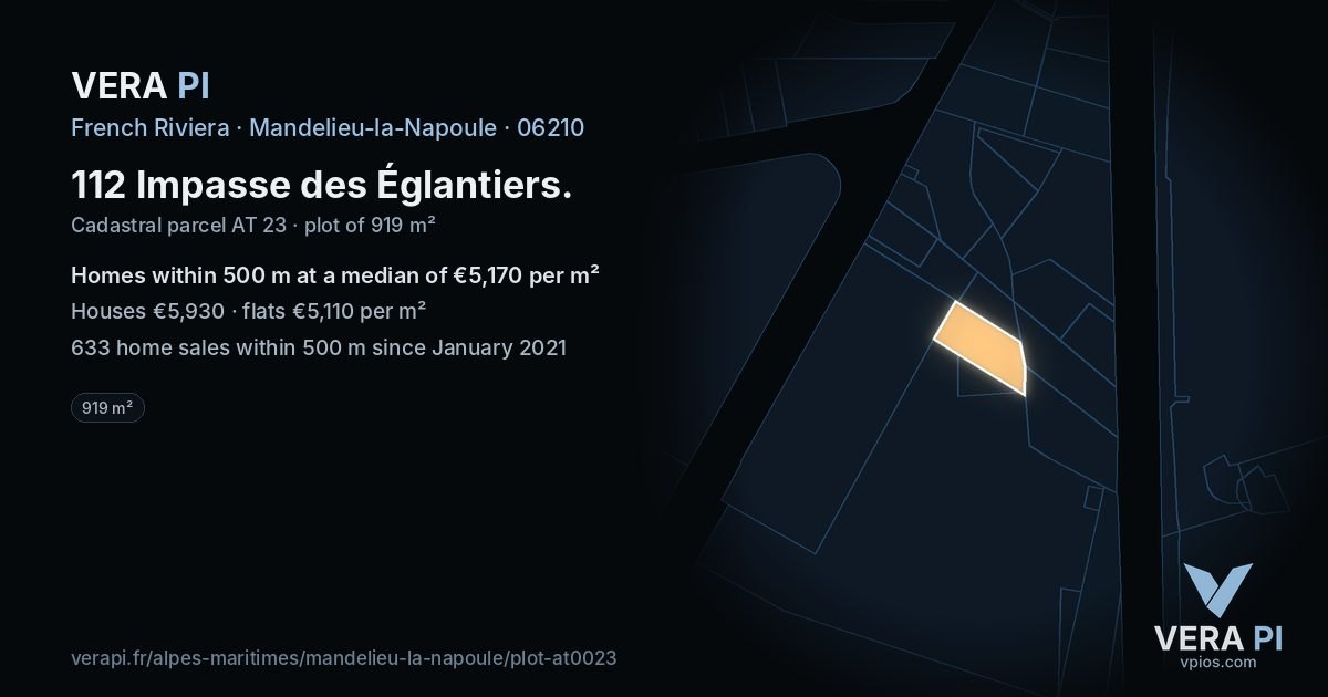 112 Impasse des Églantiers, Mandelieu-la-Napoule at night – the plot lit, the parcels around coloured by the prices near them