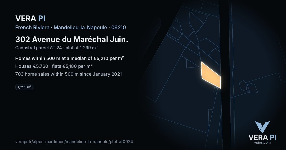 302 Avenue du Maréchal Juin, Mandelieu-la-Napoule at night – the plot lit, the parcels around coloured by the prices near them