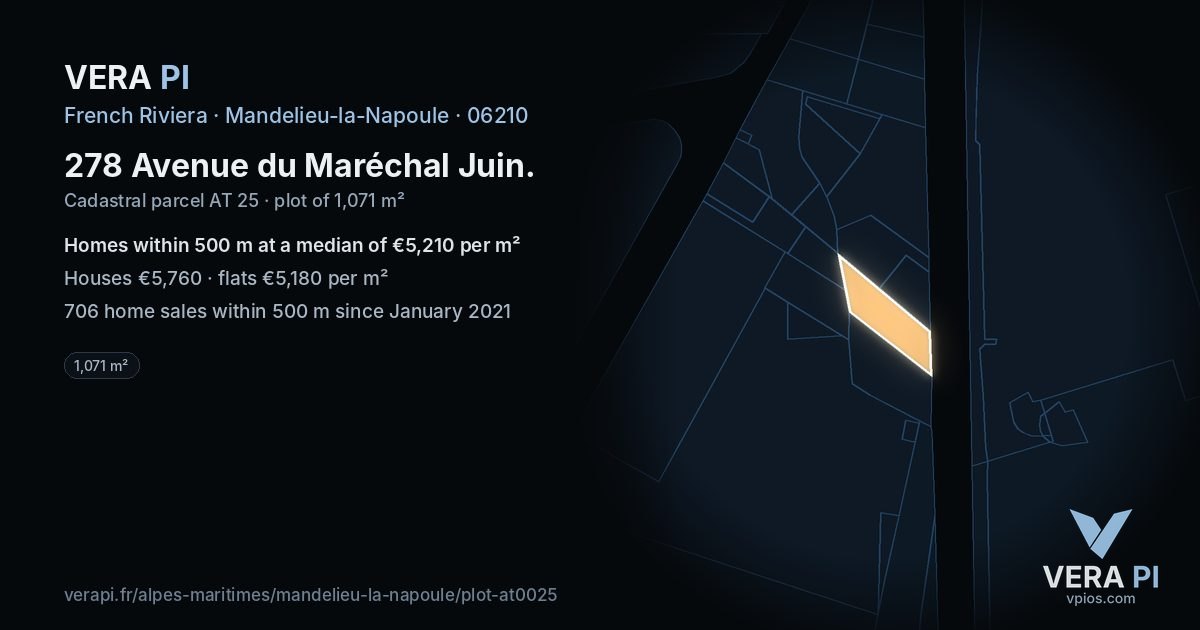 278 Avenue du Maréchal Juin, Mandelieu-la-Napoule at night – the plot lit, the parcels around coloured by the prices near them