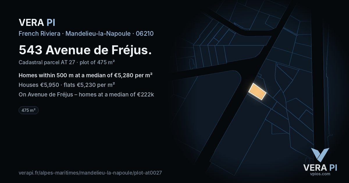 543 Avenue de Fréjus, Mandelieu-la-Napoule at night – the plot lit, the parcels around coloured by the prices near them